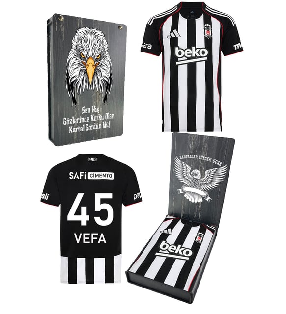 Beşiktaş Orijinal Kişiye Özel 25/26 Siyah Beyaz Çubuklu Forma Kartal Baskılı Ahşap Kutu (Siyah - Beyaz)