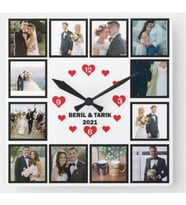 Kişiye Özel 12 Fotoğraflı Kare Duvar Saati MDF Ahşap Saat 40 cm Sessiz Akar Mekanizmalı