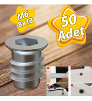 Metal Düz Dişli Dübel Ahşap Dübeli M6 8x13 Diş Çinko Mobilya Bağlantı Ünite Birleştirme (50 ADET) (Krom)