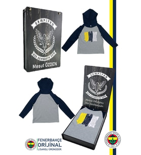 Fenerbahçe Orijinal Lisanslı Kapüşonlu Lacivert Gri Çocuk Sweat Kişiye Özel Kutu