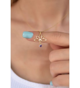 925 Ayar Gümüş Altın Kaplama Lotus Şubat Ayı Doğum Taşı Kolye