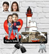 Kişiye Özel Karikatür Baskılı Ahşap Manzara Konseptli Anahtarlık Sevgili-2 25x15 cm