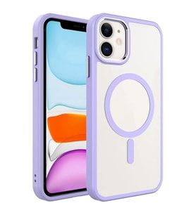 Coverzone iPhone 11 ile uyumlu K?l?f Wireless ?arj �zellikli Metal buton Z-Krom MagSafe ile uyumlu ?effaf Transparan Double Color Silikon Kapak Lila
