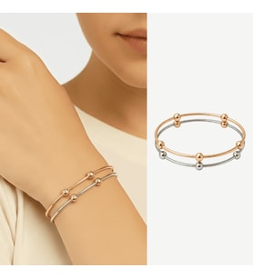 Kadın Çelik Bileklik - Beş Top Süslemeli Tasarım - İkili Model - Gümüş Rose Renk