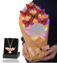 Renkli Led Işıklı Aynalı Kelebek Buketi ve Zümrüdü Anka Kuşu Kolye (Kırmızı)