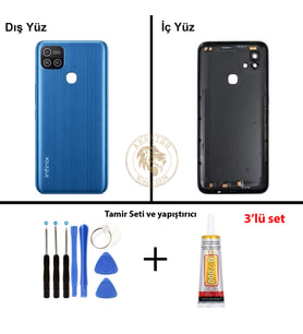 Infinix Hot 10İ Mavi Uyumlu Lensli Arka Kapak + Yapıştırıcı ve Vida Seti Arka Cam Batarya Pil Kapağı