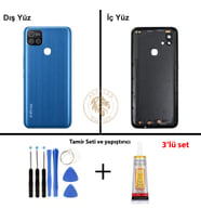 Infinix Hot 10İ Mavi Uyumlu Lensli Arka Kapak + Yapıştırıcı ve Vida Seti Arka Cam Batarya Pil Kapağı