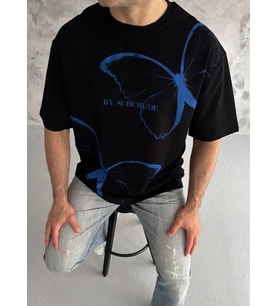 pilelistore- Unisex Bisiklet Yaka Baskılı Oversize T-Shirt - Siyah