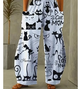 KEDİ DESENLİ MEVSİMLİK PANTOLON ÇİVİT BEYAZ-SİYAH