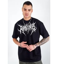 Unisex Bisiklet Yaka Baskılı Oversize T-Shirt - Siyah