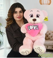 Sevgililer Günü Hediyesi Peluş Ayıcık 80 cm LOVE Yazılı Kalp Yastık ile Romantik Set (Pembe)