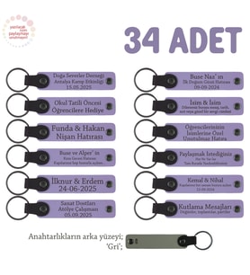 Hoş Geldin Bebek Mesajlı İsimli Anahtarlık 34’lü Set, Tüm Konuklarınıza Mükemmel Hediye, Mor & Gri (Lila - Mor)