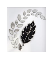 Yaprak Saat - Modern Dekoratif Duvar Saati (Ahşap & Pleksi Detaylı) Siyah Gümüş Renk 32x50 cm. saat ve 20 adet dekor