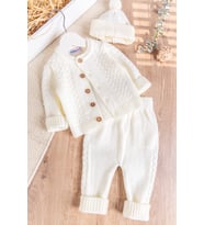 Bereli Triko Hırkalı Kışlık  Erkek Bebek Takım Set (Krem)