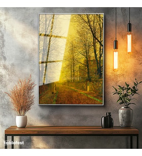 Gümüş Renk Metal Çerçeveli Tamperli Cam Tablo J.A. Grimshaw Sonbahar Yolu Yürüyen Figür Gündoğumu Ressam Tablosu Dekoru