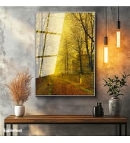 Gümüş Renk Metal Çerçeveli Tamperli Cam Tablo J.A. Grimshaw Sonbahar Yolu Yürüyen Figür Gündoğumu Ressam Tablosu Dekoru