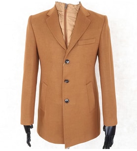 Erkek Slim Fit  Camel Çıkmalı Ceket Yaka  İçi Kapitoneli Tek Yırtmaç  Dizüstü Kaşe Kaban 