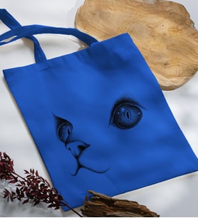 BK Gift Kedi Tasarımlı Mavi Kumaş Bez Çanta, Baskılı Omuz Çantası, Alışveriş Çantası, Arkadaşa Hediye-1
