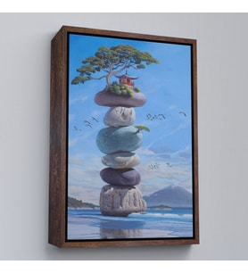 Çerçeveli Sahilde Renkli Denge Taşları, Meditasyon, Yoga, Spiritüel Baskı Kanvas Tablo (Beyaz)