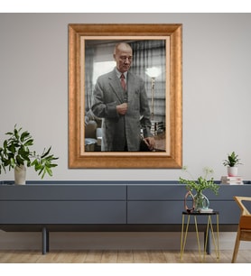 Altın Varaklı Çerçeveli Paspartulu Atatürk Tablo DC1113 (Gold)