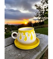 Dekoratif Sarı Damla, Kabartma Detaylı Çay-Kahve Fincanı 1 Adet (SarıBeyaz)