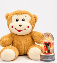 LED Işıklı Sırt Sırta Biblolu Fanus ve Sevimli Mutlu Peluş Maymun Hediye Seti