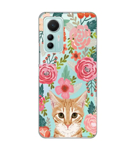 Xiaomi Mi 12 Lite Uyumlu Kedi ve Çiçek Desenli Şeffaf Telefon Kılıfı