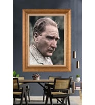 Altın Varaklı Çerçeveli Paspartulu Atatürk Tablo TR1280 (Gold)