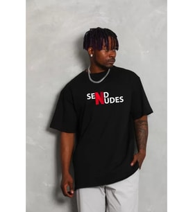 Unisex Bisiklet Yaka Double Oversize Baskılı T-Shirt - Siyah