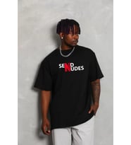 Unisex Bisiklet Yaka Double Oversize Baskılı T-Shirt - Siyah