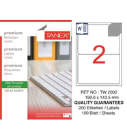 Tanex Lazer Etiket tw-2002 100 A4 Sayfa Laser Etiket 199,6 x 143,5 mm mm Boyutunda 1 A4 Sayfada 2 Etiket