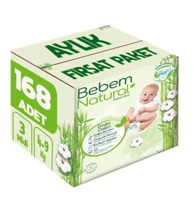 Bebem Bebek Bezi Natural Beden:3 (4-9Kg) Midi 168 Adet Aylık Fırsat Pk