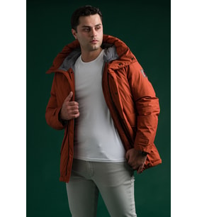Slimfit Kapşonlu Çıtçıt Ve Fermuar Yan Fermuar Cepli Elyaf Dolgulu Astarlı Erkek Uzun Spor Mont (Kiremit)