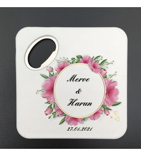 UV Baskılı Kare Açacak Magnet Bardak Altlığı Nikah Hatırası Halka Şeklinde Pembe Çiçekli 30 Adet