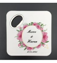 UV Baskılı Kare Açacak Magnet Bardak Altlığı Nikah Hatırası Halka Şeklinde Pembe Çiçekli 30 Adet