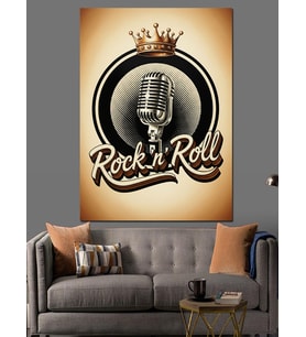 Mikrofon Ve Altın Taç Görselli Rock'N Roll Afişi Dekoratif Kanvas - Mdf Ahşap Tablo