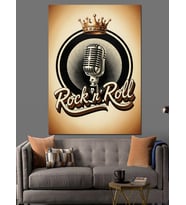 Mikrofon Ve Altın Taç Görselli Rock'N Roll Afişi Dekoratif Kanvas - Mdf Ahşap Tablo