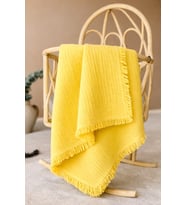 Dört Katlı Püsküllü Organik Pamuklu Müslin Battaniye 100X115 Cm-Sarı