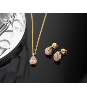 925 Ayar Gümüş Ekim Ayı Doğum Taşı ( Pink Tourmaline ) Kolye - Küpe Seti