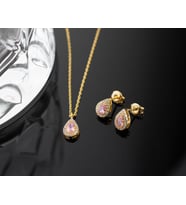 925 Ayar Gümüş Ekim Ayı Doğum Taşı ( Pink Tourmaline ) Kolye - Küpe Seti