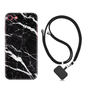 Apple iPhone 5 6 7 8 Plus Se XR Kılıf Boyun Askılı Silikon Siyah Şerit Mermer 1318