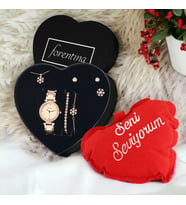 Forentina Rose Kar Tanesi Kolye Küpe Bileklik Yüzük Saat Kalpli Yastık Hediye Set PS3412