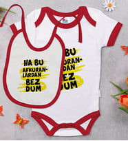 BK Kids Bezdum Tasarımlı Kırmızı Bebek Body Zıbın ve Mama Önlüğü Hediye Seti-4