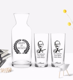 BK Gift Kişiye Özel Renkli Baskılı Yalan Dünya Tasarımlı İkili Rakı Bardağı ve Karaf Hediye Seti-1 (Model 1)