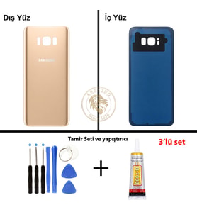 Samsung Galaxy S8 Plus Gold Renk Arka Kapak + Tamir Seti + B7000 Yapıştırıcı Arka Cam Batarya Kapağı Pil Kapağı Lazer Kesim Back Cover Galaxy S8 Plus Uyumlu