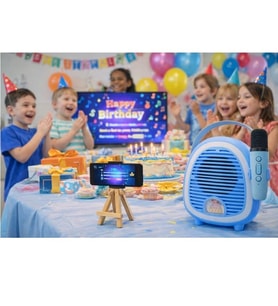 Çocuklara Özel Retro Tasarımlı Bluetooth Karaoke Mikrofon ve Ahşap Tripodlu – Mavi