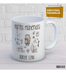 Kişiye Özel Meslek Temalı Kupa  İsimli & Fotoğraflı Premium Hediye Bardak Harita Mühendisi