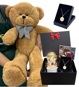 Fotoğraflı Premium Set - Büyük Boy Peluş Ayıcık, Işıklı Beyaz Melekli Fanus ve Tasarım Kolye (Kahverengi)
