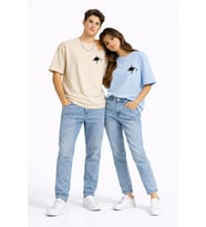 Sevgili Kombini Minimal Uzay Gezegen Baskılı Çift Tişört Oversize Unisex Partner Tişört 2'li Set (Bej)