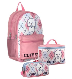 Cennec SETUMT5024A Üçlü İlkokul Çanta Seti (Beyaz Pembe - Love Cute Cat - Kız Çocuk)